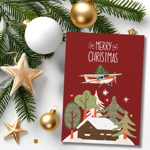 Cessna Aeroplane carries Christmas Tree Photo Funn Holiday Card