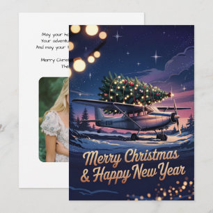 Cessna Aeroplane carries Christmas Tree Photo Funn Holiday Card