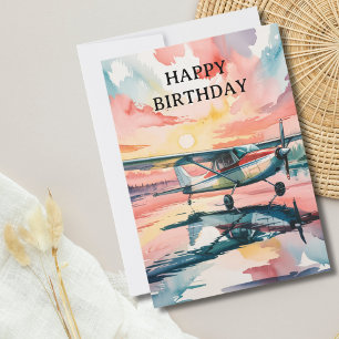 Cessna Aeroplane on Lake Watercolor Fun Birthday Holiday Card