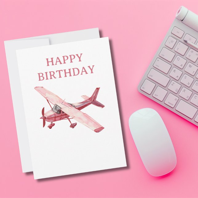 Cessna Pink Aeroplane Watercolor Fun Birthday Holiday Card (Creator Uploaded)