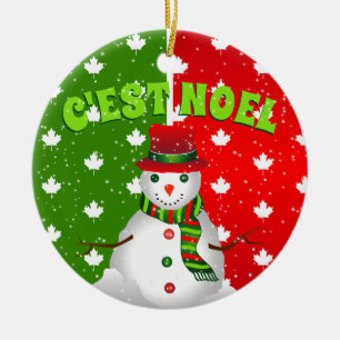 C'EST NOEL Canadian Maple Leaf Snowman Christmas Ceramic Ornament