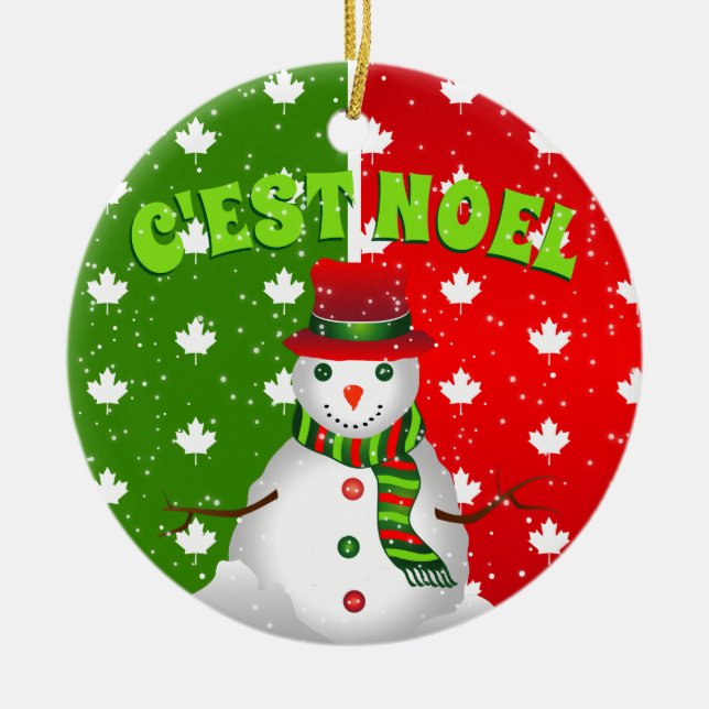 C'EST NOEL Canadian Maple Leaf Snowman Christmas Ceramic Ornament (Front)