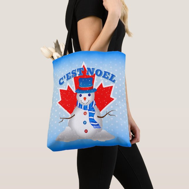 C'EST NOEL Canadian Maple Leaf Snowman Christmas Tote Bag (Close Up)