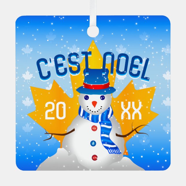 C'EST NOEL Faux Gold Canadian Maple Leaf Snowman Metal Tree Decoration (Front)