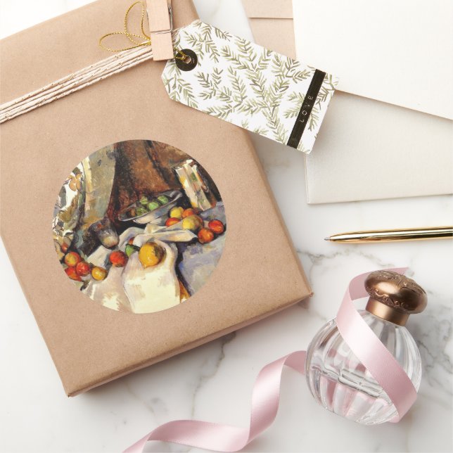 Cezanne - Still Life Post, Bottle, Cup and Fruit Classic Round Sticker (Gifting)