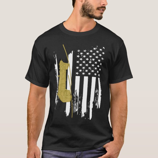 CH 47 Chinook Military Helicopter American Flag T-Shirt (Front)