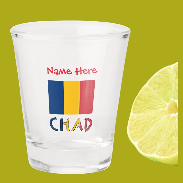 Chad Chadian Flag Red Personalisation  Shot Glass (Chadian Flag on shot glass with the word CHAD below in flag colors. Add name in red text above.)