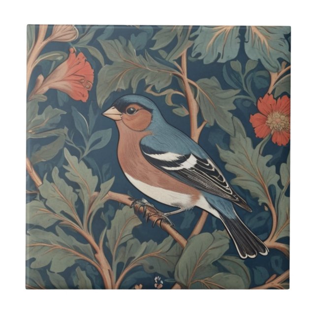 Chaffinch William Morris style Left facing Bird Ceramic Tile (Front)