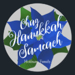 Chag Hanukkah Sameach - Blue Poinsettia Hanukkah Classic Round Sticker<br><div class="desc">Blue Poinsettia Hanukkah classic round sticker with grey background and Chag Hanukkah Sameach(Happy Hanukkah Holiday) saying,  below is your family name which you can personalise. A beautiful sticker to close Hanukkah greeting card envelopes or to seal Hanukkah gifts.</div>