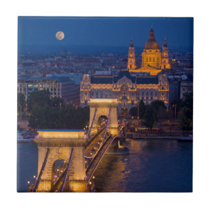 Chain Bridge and Full Moon at Night Ceramic Tile