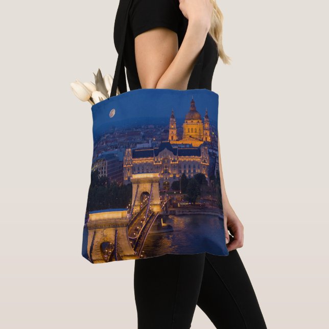 Chain Bridge and Full Moon at Night Tote Bag (Close Up)