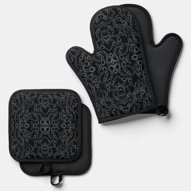 Chained Abstract Mirrored Image Gray On Black Art Oven Mitt & Pot Holder Set (Front/Back)