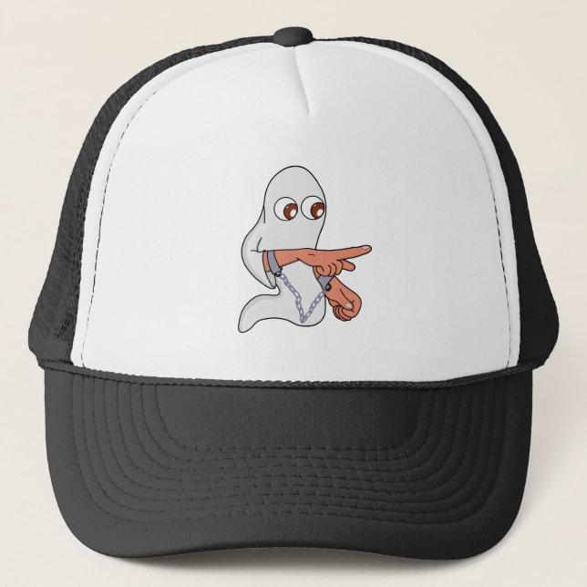 Chained ghost pointing forward trucker hat (Front)