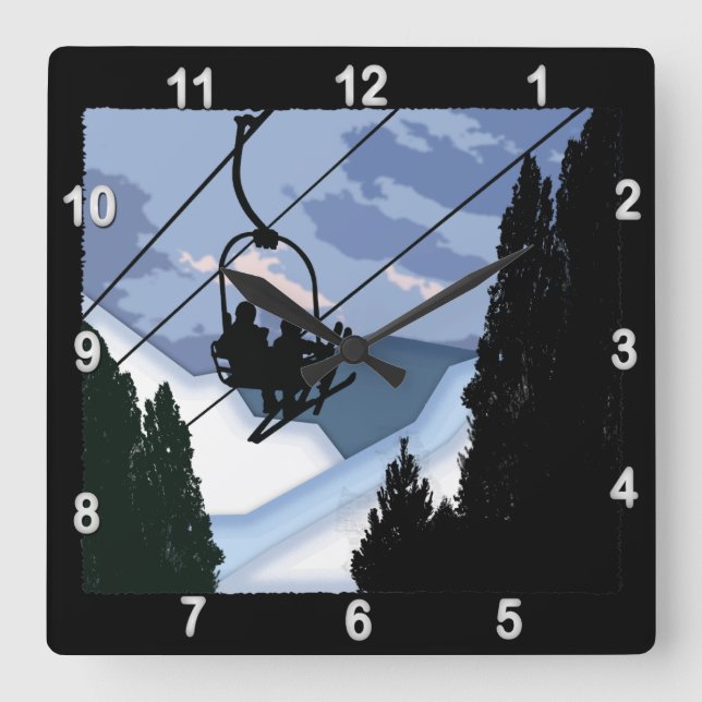 Chairlift Full of Skiers Square Wall Clock (Front)