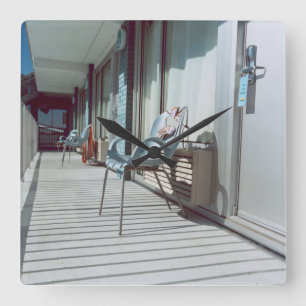 Chairs Outside Beach Hotel Rooms Square Wall Clock