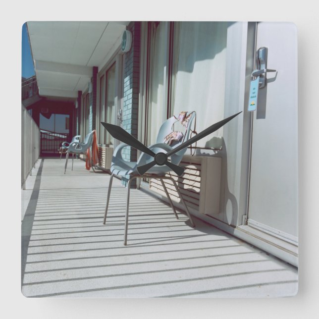Chairs Outside Beach Hotel Rooms Square Wall Clock (Front)