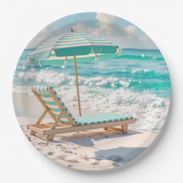 Chaise Lounge On White Ocean Sand Paper Plate (Front)