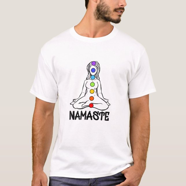 Chakra Chakras Aligned Meditation Woman Namaste Om T-Shirt (Front)