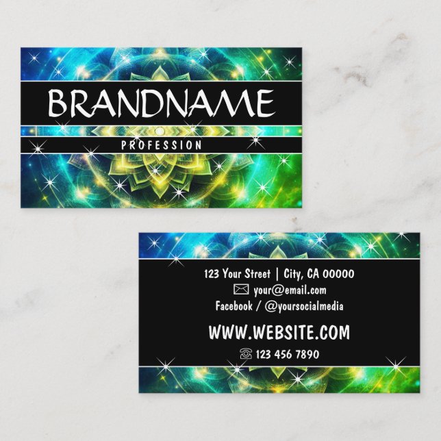 Chakra Flower of Life Glitter Sparkle Stars Green Business Card (Front/Back)