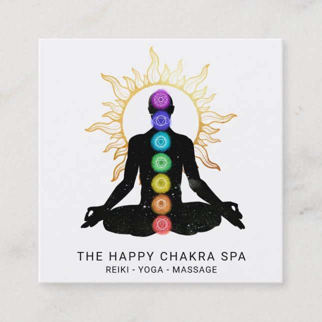 *~* Chakra Healing Meditation Sun Lotus Pose Man Square Business Card (Front)