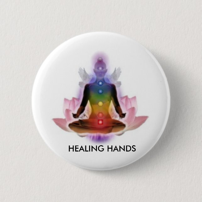 CHAKRA LOTUS PERSON, HEALING HANDS 6 CM ROUND BADGE (Front)