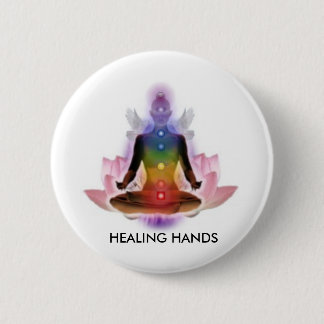 CHAKRA LOTUS PERSON, HEALING HANDS 6 CM ROUND BADGE