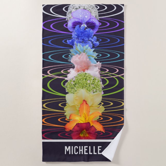 Chakra Rainbow Colourful Flowers Custom Beach Towe Beach Towel (Front)
