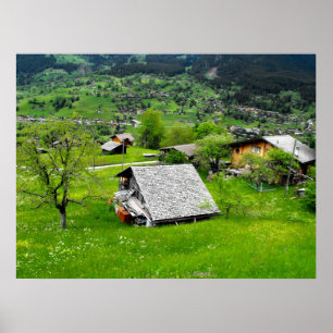 Chalets in an alpine valley in Switzerland Poster