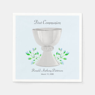 Chalice and Blue Buds Greenery First Communion Napkin