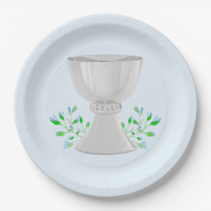Chalice and Blue Buds Greenery First Communion Paper Plate