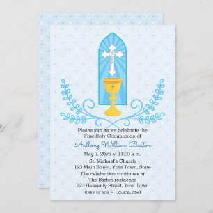 Chalice and Cross Blue First Communion Invitation