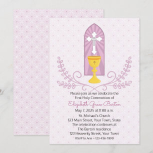Chalice and Cross Pink First Communion Invitation