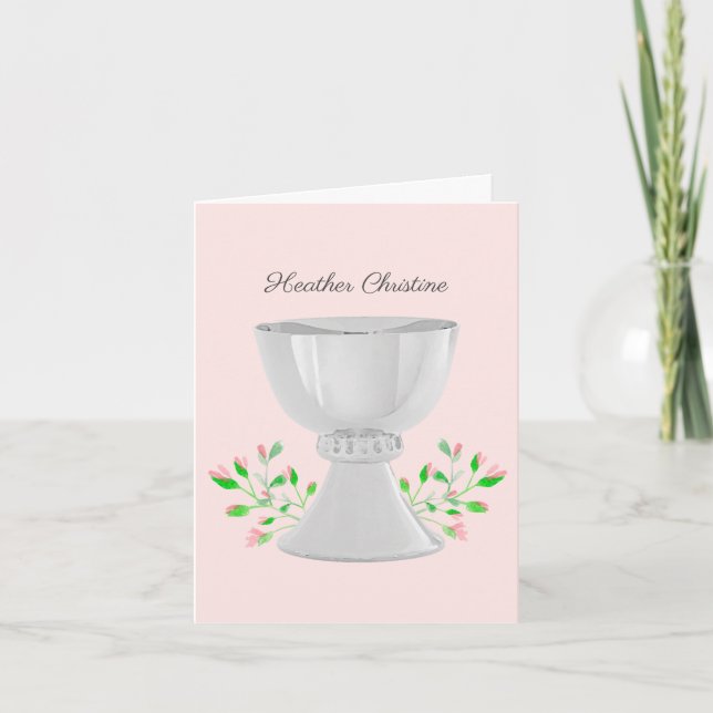 Chalice and Pink Buds Communion Baptism Note Card (Front)