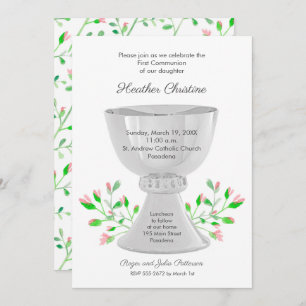 Chalice and Pink Buds First Communion Invitations