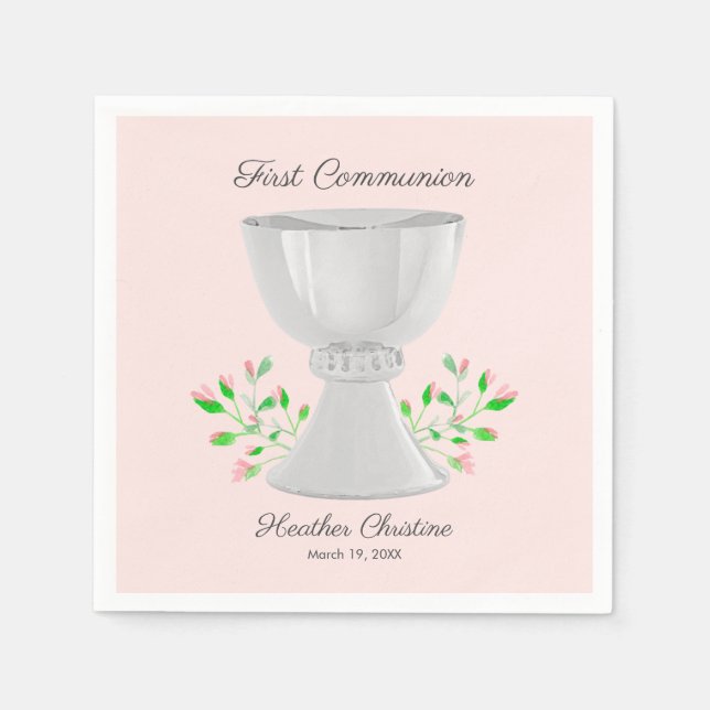 Chalice and Pink Buds Greenery First Communion Napkin (Front)