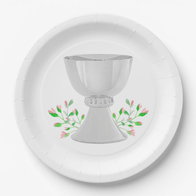 Chalice and Pink Buds Greenery First Communion Paper Plate (Front)
