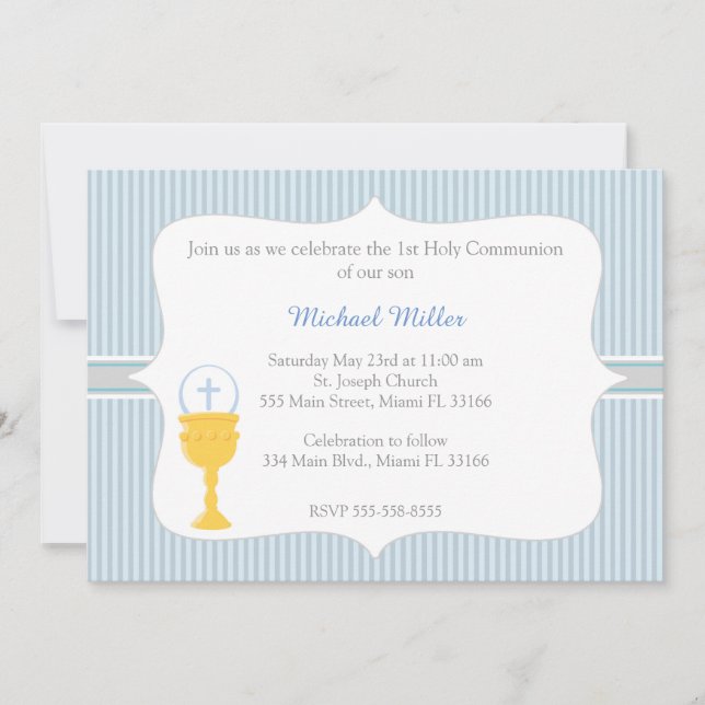 Chalice Blue Grey First Holy Communion Invitation (Front)
