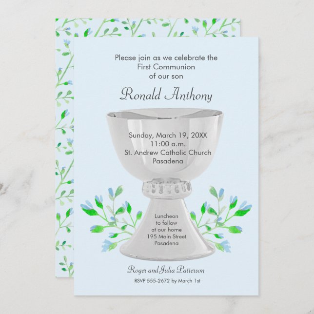 Chalice Floral Boy First Communion Invitations (Front/Back)