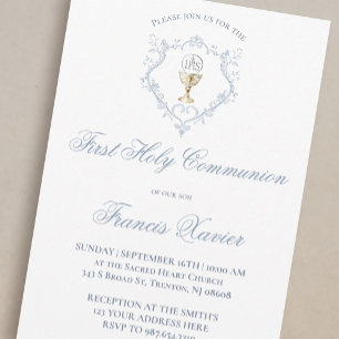 Chalice Host blue crest First Communion Invitation