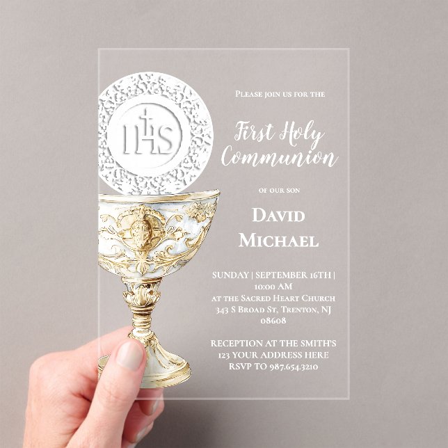 Chalice Host First Holy Communion Acrylic Invitations (Insitu (Handheld))