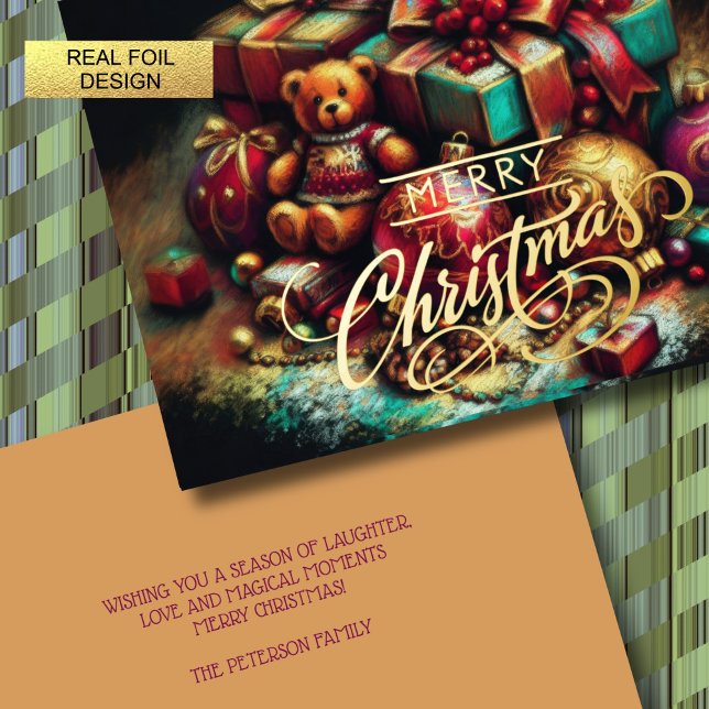 Chalk Drawing Christmas Bear Gift Candy Ornament Foil Holiday Card (Creator Uploaded)