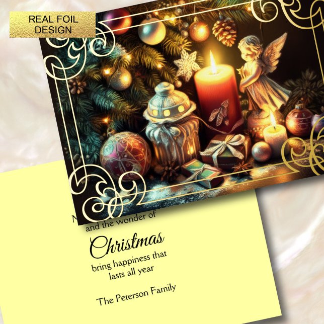 Chalk Drawing Christmas Tree Candle Angel Foil Holiday Card (Creator Uploaded)