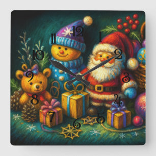 Chalk Drawing Cute Christmas Scene Toys Ornaments Square Wall Clock