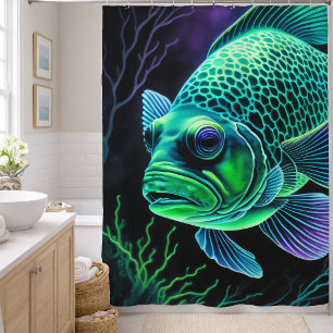 Chalk Drawing of Fish on Black Green Shower Curtain