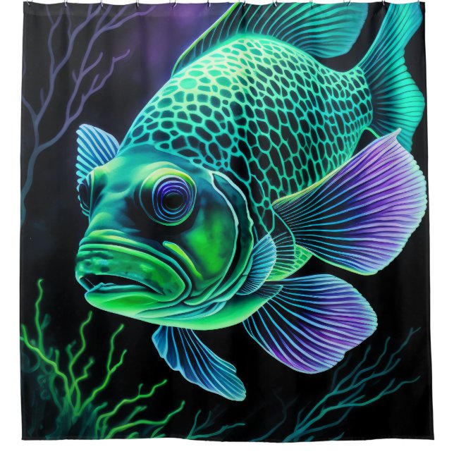 Chalk Drawing of Fish on Black Shower Curtain (Front)
