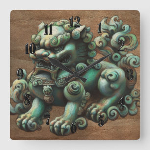 Chalk Drawing of Jade Foo Dog Square Wall Clock