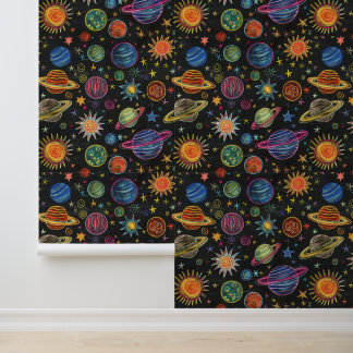 Chalk drawing of solar system on black board wallpaper