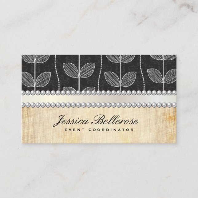 Chalk Drawn Leaf | Pearls Vintage Background Business Card (Front)