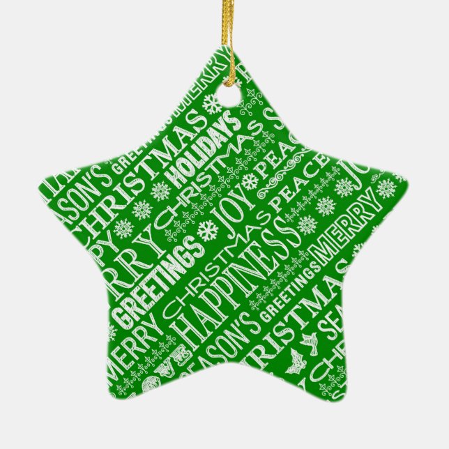 Chalk Drown Christmas Greeting In Green And White Ceramic Ornament (Back)