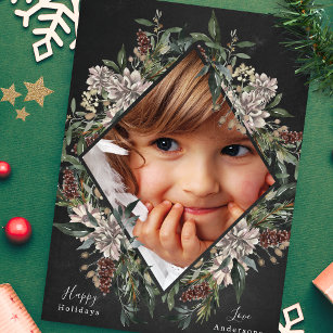 Chalk Floral Frame One Photo Christmas Holiday Card